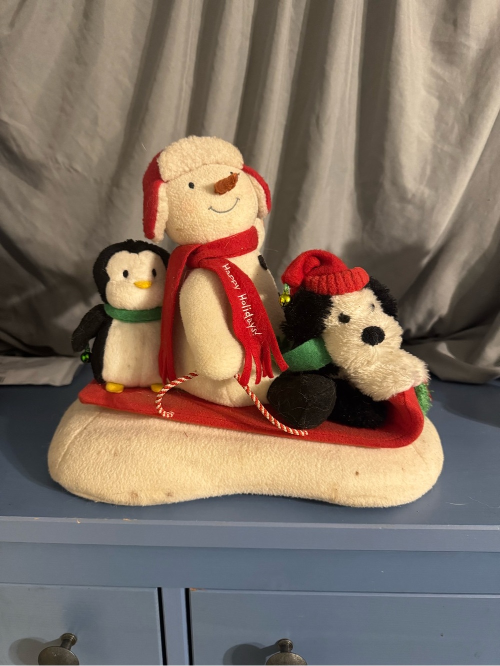 Hallmark Plush Snowman, Penguin & Puppy Sled Trio - White, Black, Red, Green